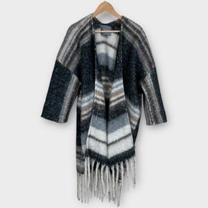 Anthropologie Striped Kimono Open Front Blanket Coat Sweater Fringe One Size